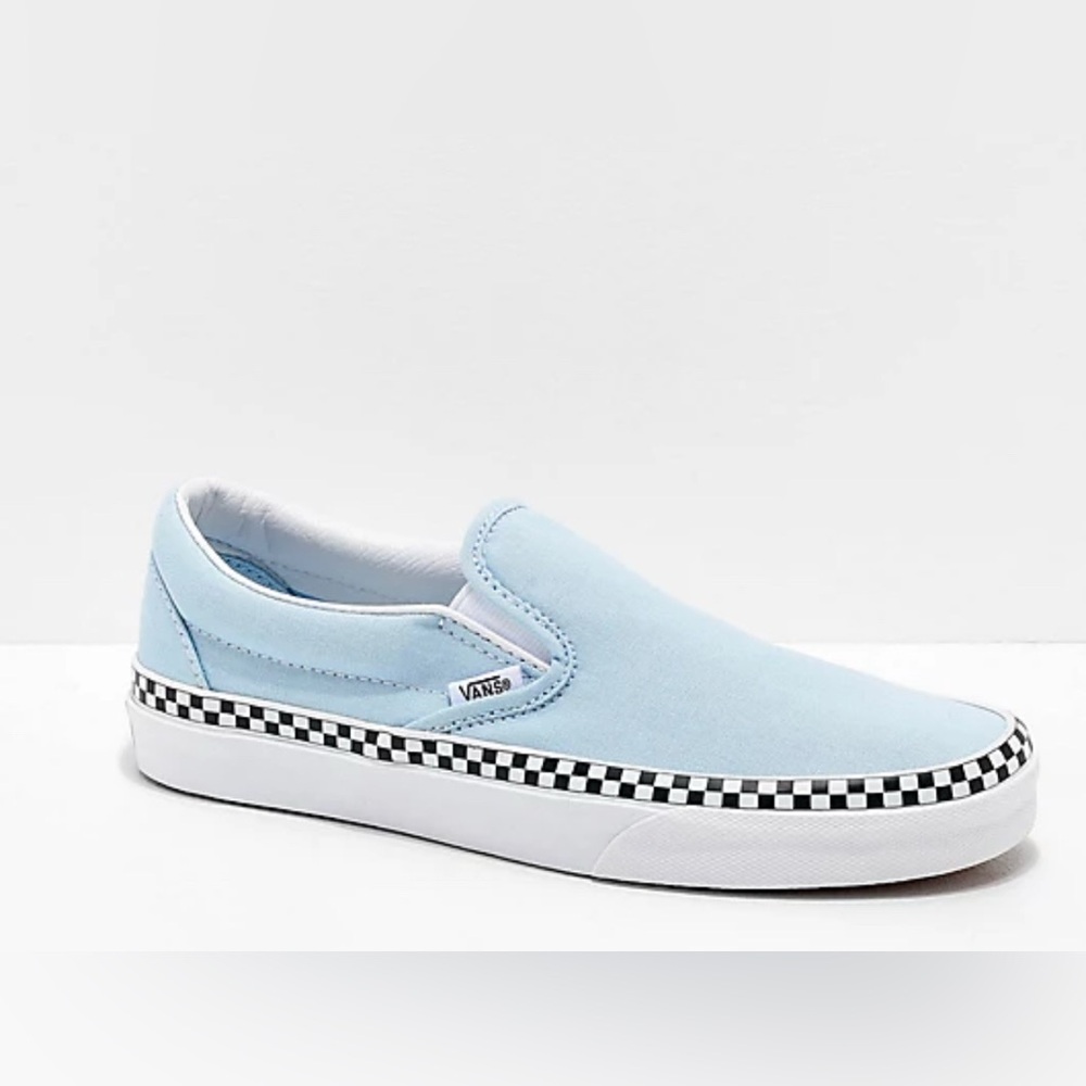 Vans Slip-On Sneakers- Light Blue with Checkerboard Trim